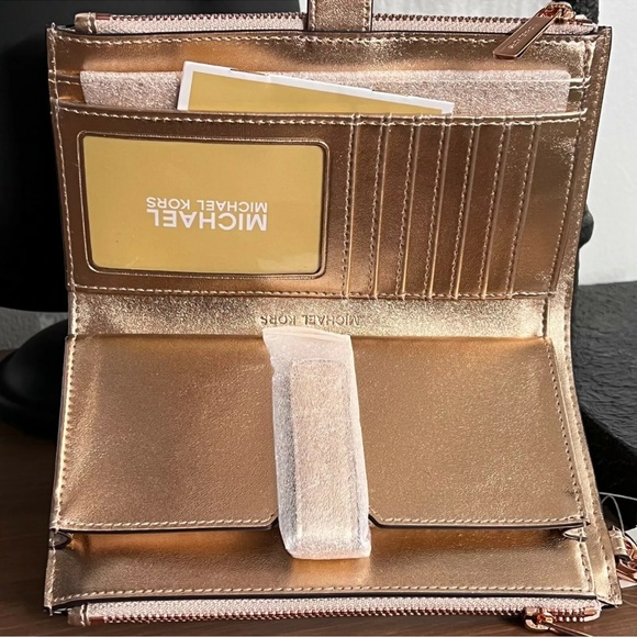 Michael Kors Jet Set Travel Large Double Zip Leather Wristlet Wallet Rose Gold - Picture 3 of 6